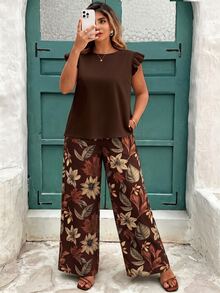 EMERY ROSE Plus Size Women's Casual Vacation Top With Ruffle Flutter Sleeves, Paired With All-Over Floral Print Wide Leg Pants - Brown - View 5