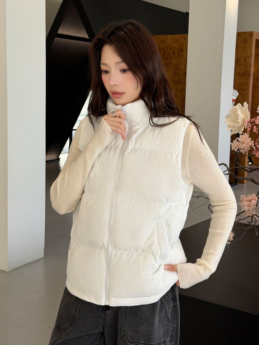 K-Vae Women's Autumn/Winter Stand Collar Zipper Sleeveless Padded Vest Jacket - Beige - View 1