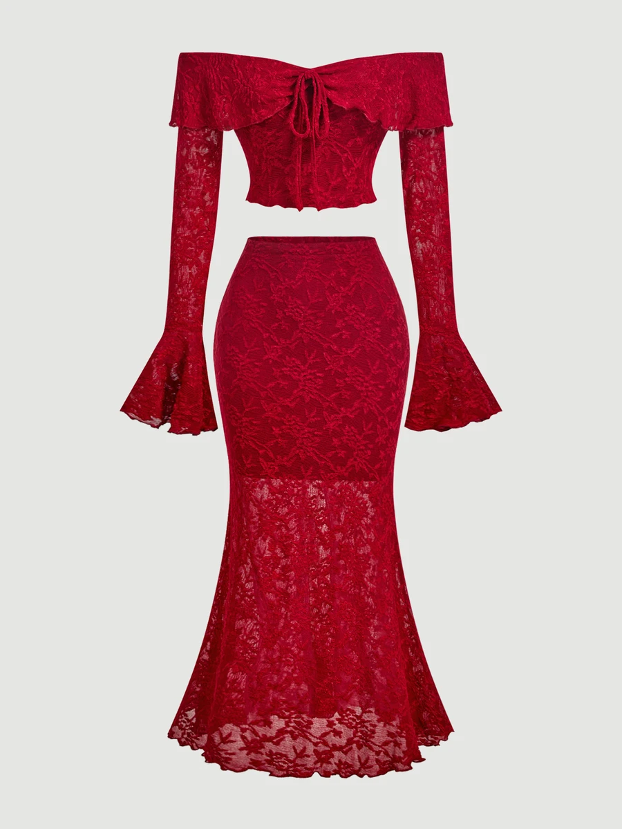 SHEIN MOD Bell Sleeve Tie-Up Shoulder Top And Fishtail Long Skirt 2 Pieces Set - Burgundy - View 1