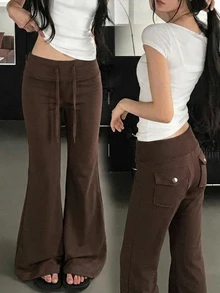 DAZY Women's Solid Color Flared Korean Style Teenager Internet Aesthetic Long Pants - Khaki - View 1