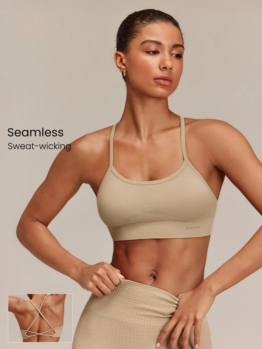 GLOWMODE Seamless Cross The Line Sports Bra With Double Cross-Back Design & Removable Cups Low Impact Yoga Pilates Studio Active Wear - Khaki - View 1