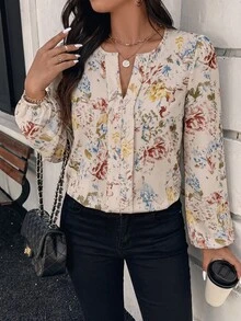 SHEIN LUNE 大尺碼四季百搭印花優雅休閒圓領小V領簡約女款長袖上衣 米色 適合辦公通勤 - 彩色 - 查看 6