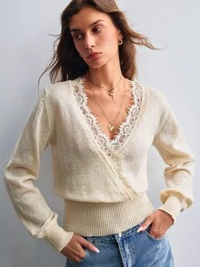 Willow Rêve Women's Blue V-Neck Patchwork Embroidered Trim Loose Sweater - Apricot - View 6