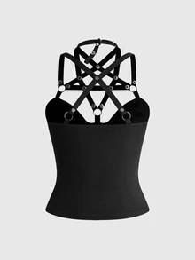 ROMWE Áo tank top dệt kim phong cách Gothic họa tiết ngôi sao năm cánh, dây buộc, trang trí đinh tán dành cho nữ - màu đen - Xem 2