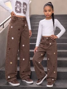SHEIN Genkimix Kids Tween女孩牛仔褲 2025秋冬新款 女孩寬腿牛仔褲 新到貨 可愛愛心刺繡 寬鬆牛仔褲 復古做舊牛仔色 Y2K學院風街頭休閒可愛復古 刺繡圖案破洞 粉色愛心圖案刺繡 - 咖啡棕 - 查看 5
