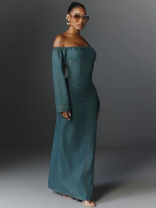 NYA SZN Denim Dress Maxi Cold Shoulder Long Sleeve Holiday Festival Special Occasion Everyday Casual Work Concert Going Out Club Party Medium Wash Fall Winter - Dark Wash - View 4