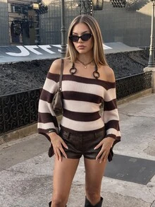 SHEIN ICON Women's Striped Halterneck Halter Neck Bell Sleeve Fashion Sweater - Brown - View 5