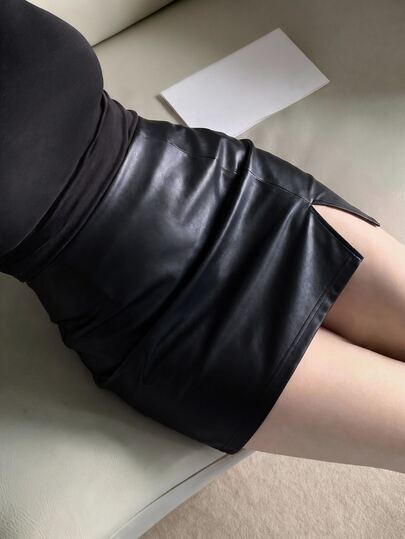 CovetEZ Autumn/Winter New Solid Color PU High Elasticity Leather Casual Party Plus Size Mini Skirt
