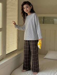 Dazy Kids Long Sleeve T-Shirt Style Plaid Casual Pants Loose Straight Leg Versatile Long Pants Tween Girls Loungewear - Brown - View 6