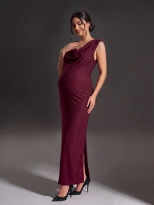 Cheriluna Maternity Burgundy Shiny Fabric Ruched Neck Maternity Portrait Dress, Sleeveless Tank Top Bodycon Split Fishtail, Elegant And Glamorous For Evening Party - Burgundy - View 3