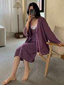 DAZY 2pcs/Set Women's Bow Print Lace Patchwork Loose Sleeveless Camisole Nightgown & Long Cardigan Robe Sleepwear Set - Purple - View 1