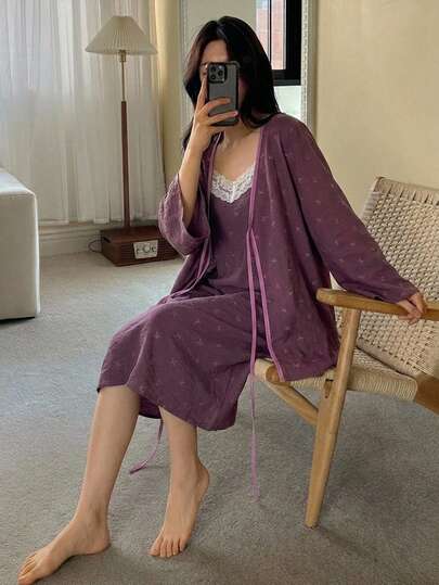 DAZY 2pcs/Set Women's Bow Print Lace Patchwork Loose Sleeveless Camisole Nightgown & Long Cardigan Robe Sleepwear Set