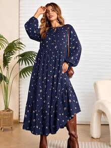 Rosumi 大尺碼花卉印花綁帶抓皺約會洋裝 - 藏蓝色 - 查看 4