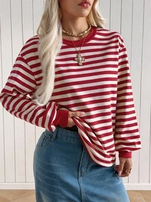 SHEIN EZwear Women's Striped Casual Preppy Daily Long Sleeve Sweatshirt Christmas Picnic School Red And White Stripe Fall - Red - View 3