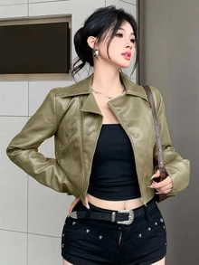 DAZY 秋季街頭風寬鬆休閒短版 PU 皮夾克機車上衣 綠色女款 Y2K - 薄荷綠 - 查看 3