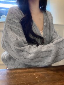DAZY Solid Color Loose V-Neck Long Sleeve Casual Vacation Korean Style Autumn/Winter Knit Sweater For Women - Grey - View 9