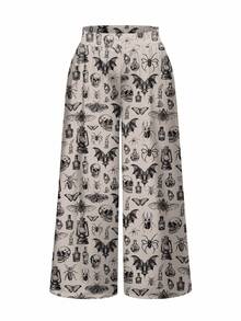 ROMWE Goth Plus Size Women's All-Over Print Casual Daily Wear Long Pants - Beige - View 1