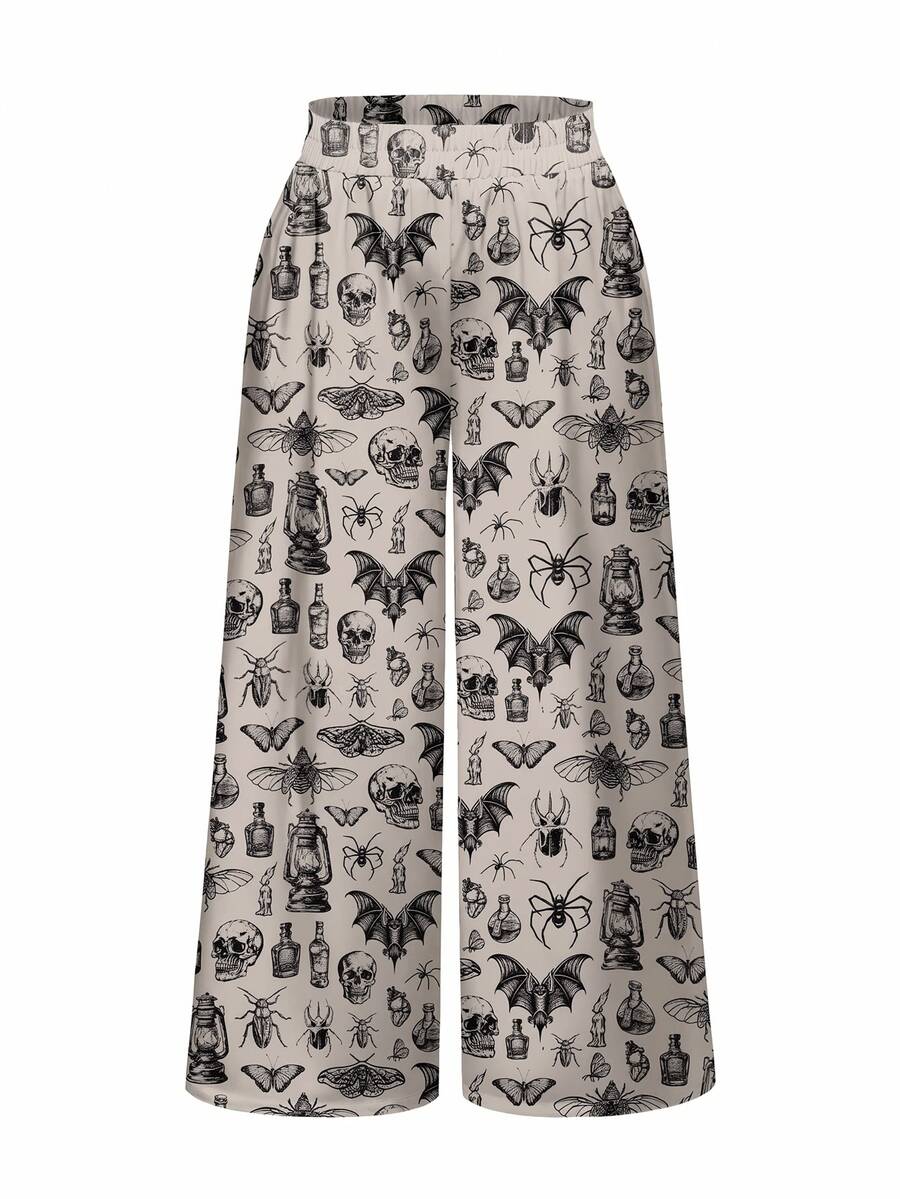 ROMWE Goth Plus Size Women's All-Over Print Casual Daily Wear Long Pants - Beige - View 1