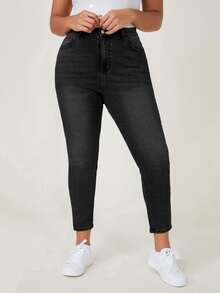 Jeanoix Celana Jeans Denim Kasual Wanita Ukuran Besar untuk Perjalanan Sehari-hari dengan Saku dan Kancing - Hitam - View 1