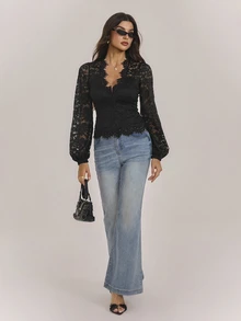 SHEIN Tall Spring/Summer Women's Pure Black Sheer Lantern Sleeve Fitted Elegant Lace Top - Black - View 1