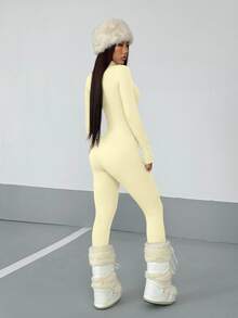 StreetHx Streetwear Women's Solid Color Long Sleeve Half-Zip Jumpsuit, Autumn - Yellow - View 2