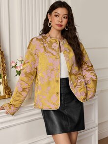 EastFlair Women's New Chinese Style Elegant Jacquard Frog Button Open Front Jacket Dinner Date Night Pink And Gold Fall Fall/Winter Chinese Style - Multicolor - View 3