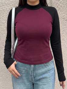 Dazy Plus Contrast Color Patchwork Fitted Street Casual Short Long Sleeve Spring Autumn T-Shirt - Burgundy - View 4
