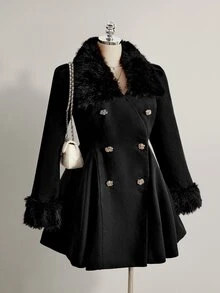 SHEIN ICON Mantel Wanita Ukuran Besar Gaya Elegan Model Y2K dengan Kancing di Pinggang dan Kerah Bulu Imitasi - Hitam - View 4