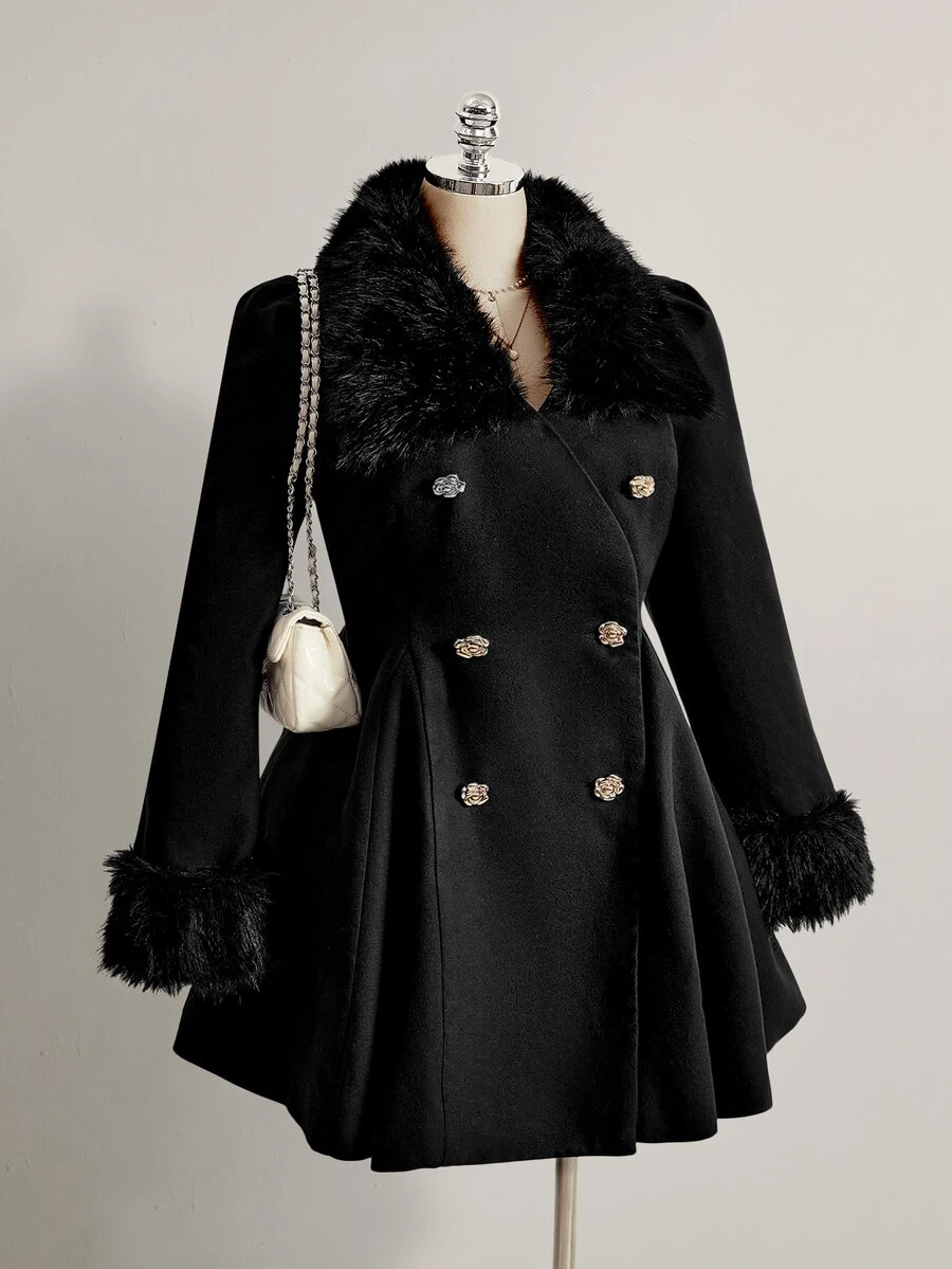 SHEIN ICON Plus Size Women Y2K Button Cinched Waist Faux Fur Collar Elegant Style Coat - Black - View 1