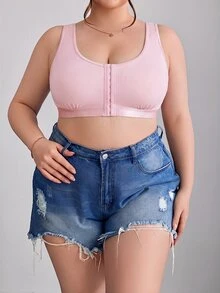SHEIN CURVE+ 大尺碼簡約純色前扣式內衣背心，Curve Plus，Hoho Vacation - 粉色 - 查看 5