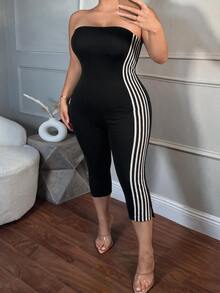 SHEIN SXY Black Strapless Colorblock Striped Decor 7/10 Length Fitted Jumpsuit - Black - View 1