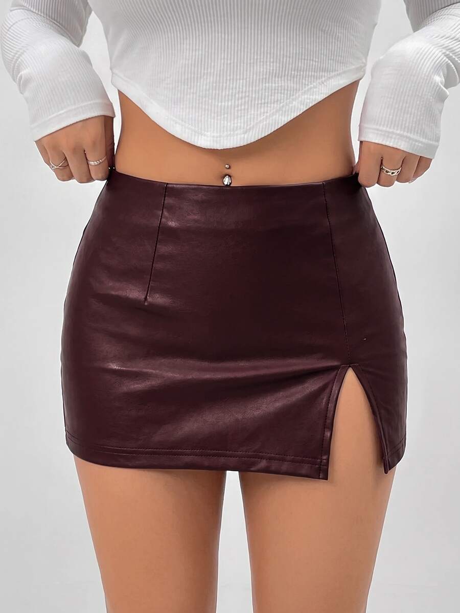 SHEIN PETITE PU高彈性皮革低腰迷你裙 - 棕色 - 查看 1