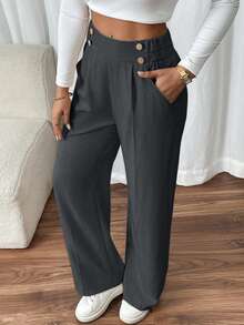 SHEIN PETITE CURVE Plus Size Women's Double Buckle Straight Leg Elegant Casual Commuter Pants Office Formal Grey Autumn - Dark Grey - View 6