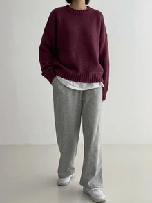 DAZY Solid Color Pullover Sweater, Minimalist Casual Daily Wear, Campus Commute Style - Red Violet - View 4