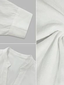 Linhara CURVE 女款大尺碼純色立領V領白色襯衫，寬鬆長袖休閒上衣，百搭多功能上衣，適合通勤與日常穿著 - 白色 - 查看 7