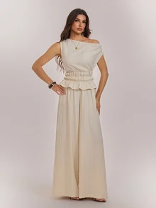 SHEIN Tall Women's Asymmetrical Shoulder Ruched Waist Solid Color Top And Pants 2 Pieces Set - Apricot - View 4