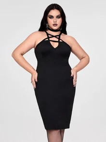 ROMWE Goth فستان نسائي ضيق متعدد الاستخدامات بمقاسات كبيرة بلون سادة وتصميم Y2K بانك مثير مع نجمة خماسية وحزام معدني برباط - الأسود - مشاهدة 1