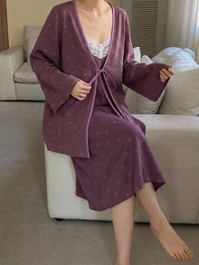 DAZY 2pcs/Set Women's Bow Print Lace Patchwork Loose Sleeveless Camisole Nightgown & Long Cardigan Robe Sleepwear Set - Purple - View 7