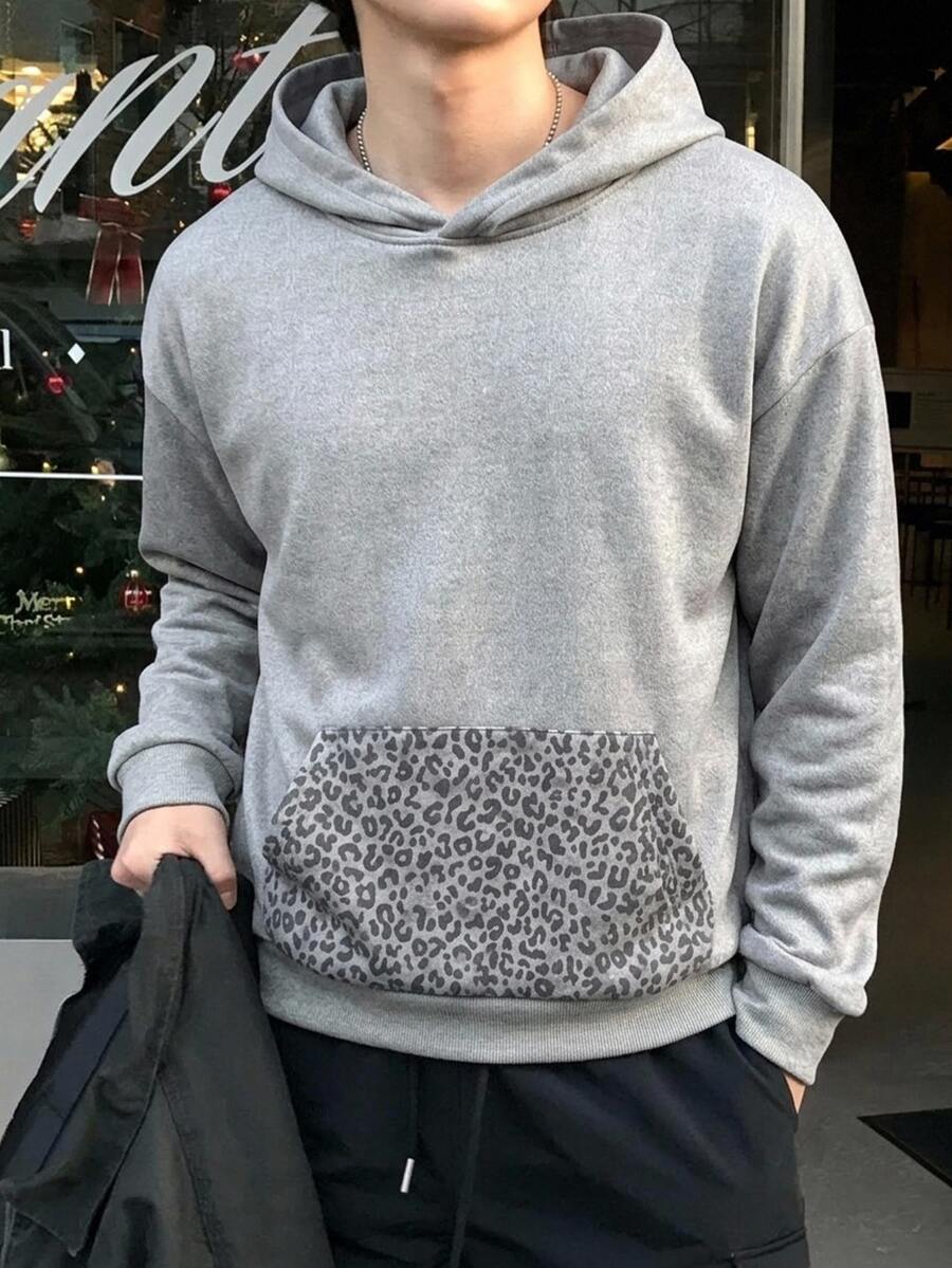 DAZY 秋冬灰色保暖內裡拼接灰色豹紋印花口袋寬鬆街頭風男士衛衣 - 灰色 - 查看 1