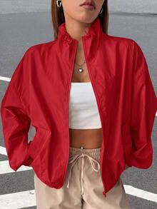 SHEIN EZwear 秋冬款拉鍊落肩夾克 - 紅色 - 查看 1