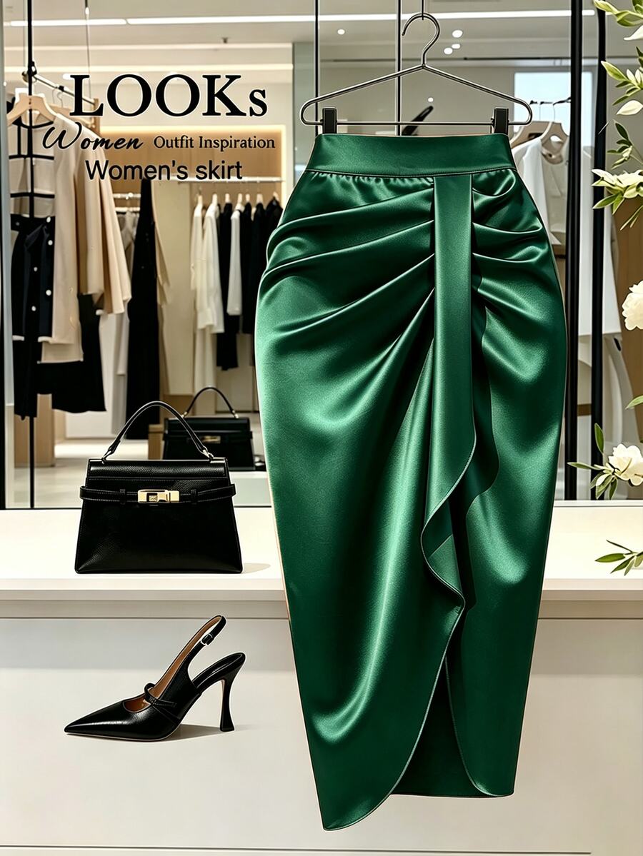 GlowEve CURVE Plus Size Sexy Pleated Satin Front Slit Skirt - Dark Green - View 1