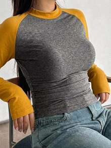 Dazy Plus Colorblock Patchwork Fitted Street Casual Short Long Sleeve Spring Autumn T-Shirt - Yellow - View 3
