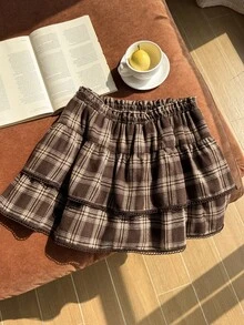 Comfortcana 大尺碼棕色復古優雅休閒格紋學院風回校裙 感恩節生日海灘晚宴適用 - 棕色 - 查看 1