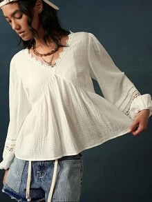 Bohemela Casual Solid Color Woven V-Neck Long Sleeve Ruffle Hem Loose Fit Women's Blouse - White - View 4