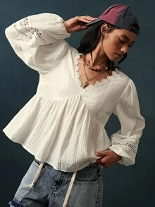 Bohemela Casual Solid Color Woven V-Neck Long Sleeve Ruffle Hem Loose Fit Women's Blouse - White - View 6