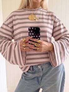 SHEIN EZwear 大尺碼女款海外長袖草莓巧克力條紋襯衫，秋季上衣，適合日常通勤、聚會，秋/冬/夏 - 彩色 - 查看 1