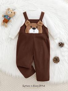 SHEIN 中性新生兒嬰兒男/女童、幼兒 100% 純棉秋冬保暖內裡加厚可愛熊圖案燈芯絨吊帶褲，嬰兒冬季連身褲，聖誕節 - 棕色 - 查看 8