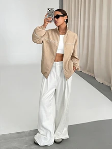 StreetHx Zip-Up White Sports Jacket With Stripe Trim Decor - Khaki - View 3