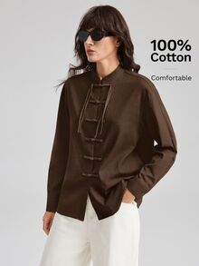 Ontre 女款深棕色長袖襯衫 中式盤扣 全季現代都市時尚 商務休閒 簡約百搭 辦公日常 秋季 - 棕色 - 查看 7