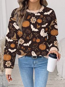 Comfylo Brown Pumpkin Maple Leaf Floral Casual Minimalist Plus Size Sweatshirt Suitable For Holiday Wear - Multicolor - View 1